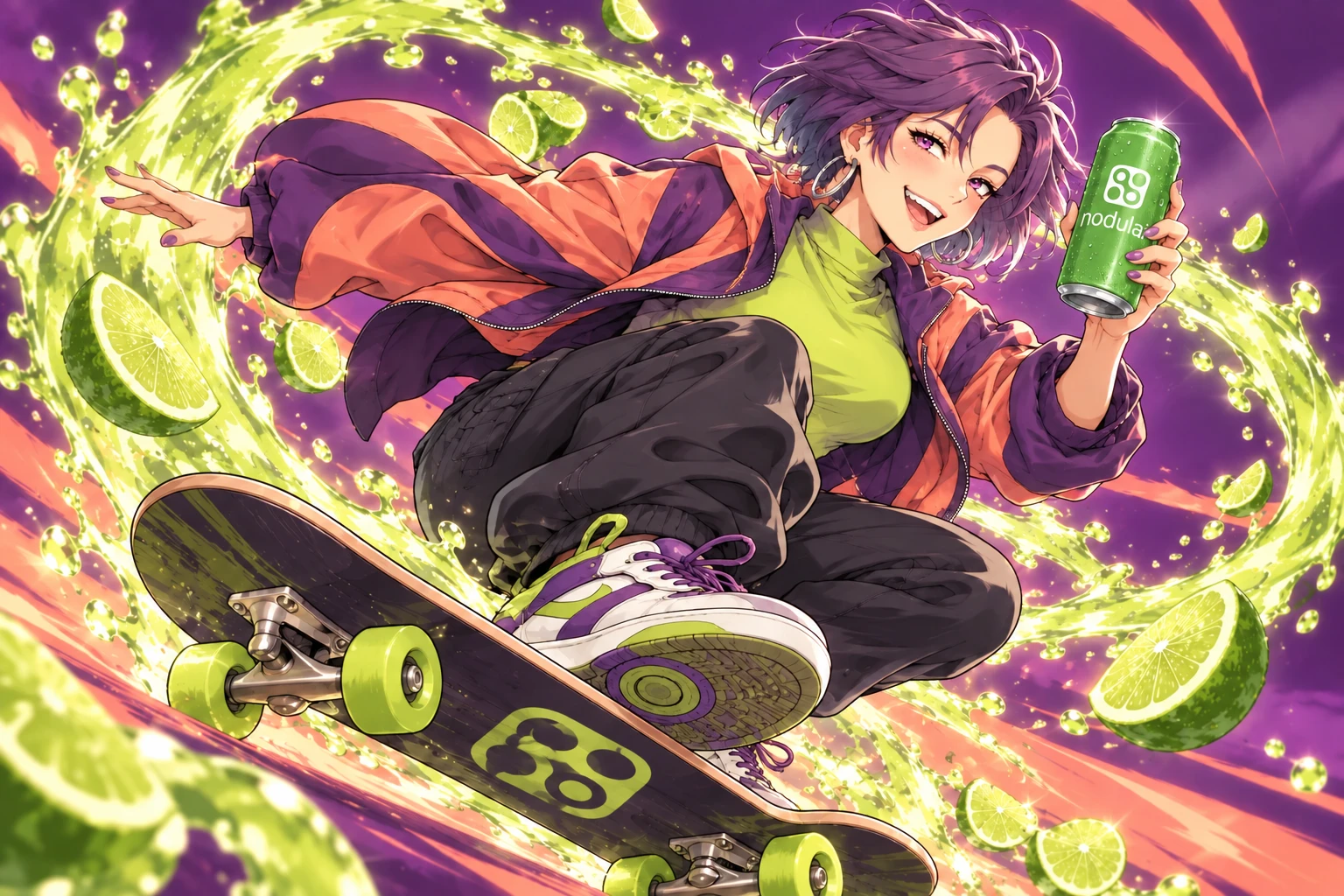 The violet-haired campaign character riding a skateboard through a lime splash with a NodulAI can.