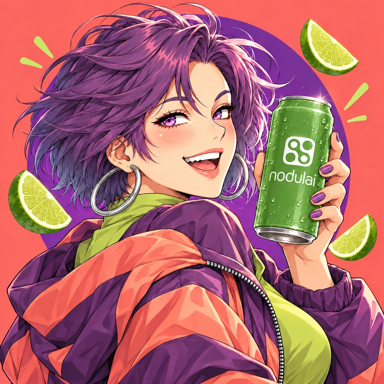 A smiling adult anime character holding a NodulAI can against a coral background.